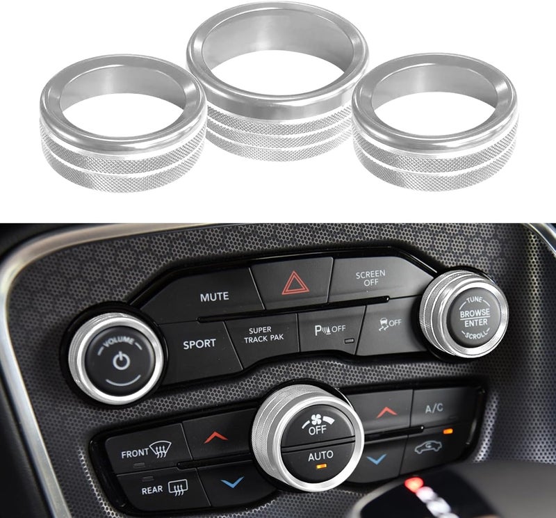 DWARFOO 3PCS Air Conditioner Switch Button Knob Cover, Aluminum Alloy A/C Decal Trim Rings, Car Interior Decor Accessories AC Climate Control Knob Outer Ring Replacement for Dodge Challenger Durango 2015-2022 - Image 1